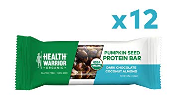 Health Warrior Pumpkin Seed Protein Bars, Dark Chocolate Coconut Almond, 8g Plant Protein, Vegan, Gluten Free, Certified Organic, 12 Count