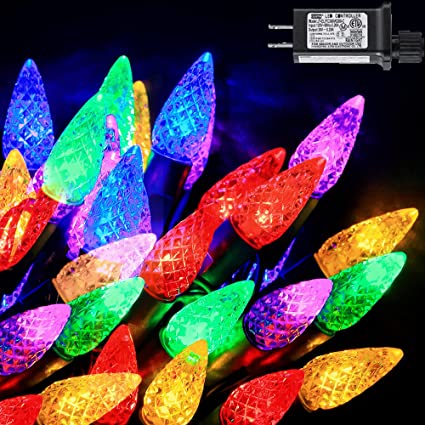 RECESKY C3 Christmas String Lights - 100 LED 33Ft Outdoor Faceted Bulb Light with 30v Adaptor, Extendable 8 Modes Fairy Lighting for Garden House Xmas Garland Christmas Tree Decorations, Multi Color