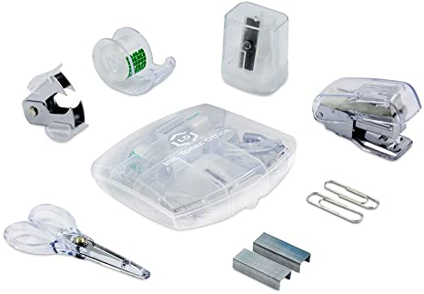 LD Clear Mini Office Supply Kit – Portable Case with Scissors, Paper Clips, Tape Dispenser, Pencil Sharpener, Stapler & Staple Remover