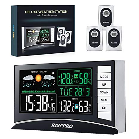 RISEPRO Weather Station, Wireless Weather Station with 3 Sensors in/Out Temperature and Humidity Alarm Clock Calendar Weather Forecaster with Color Led Display RP-WS2003N