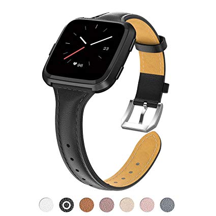 TOYOUTHS For Fitbit Versa Leather Band, Slim Genuine Leather Watch Strap with Metal Buckle and Built-in Quick Release Pin, Fitbit Versa Wristband Replacement Accessories for Women Men