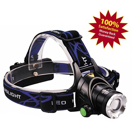 SUPREME 2000 Lumens LED headlamp Rechargeable Batteries - Waterproof, Zoomable, Lightweight & Comfortable, Great for Camping, Hiking, Biking, Sports Ect.