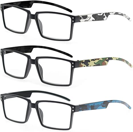MODFANS Reading Glasses 3 Pack Rectangular Readers for Men women Included Pouch Comfort Spring Hinge with Camo Pattern Design