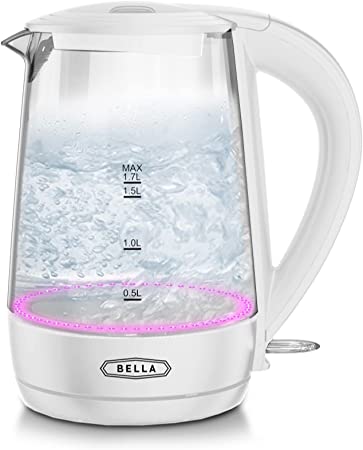 BELLA 1.7 Liter Glass Electric Kettle, Quickly Boil 7 Cups of Water in 6-7 Minutes, Soft Pink LED Lights Illuminate While Boiling, Cordless Portable Water Heater, Carefree Auto Shut-Off, White