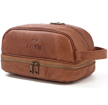 S-ZONE Genuine Leather Toiletry Bag Shaving Bag Organizer Dopp Kit