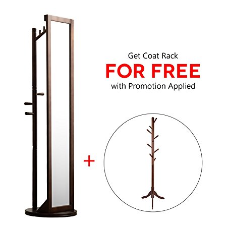 LCH Multifunctional 360° Rotatable Solid Wood Frame and Glass Dressing Mirror Free Standing Cheval Floor Mirror with Coat Stand Coat Hooks (Coffee)