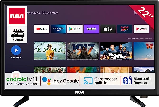 RCA RS22H2C-UK Android TV 22 inch (56 cm) Smart TV with 12V car adapter, Google Assistant, Chromecast, Netflix, Prime Video, Google Play Store, Disney , WiFi, Triple Tuner, Android TV 11