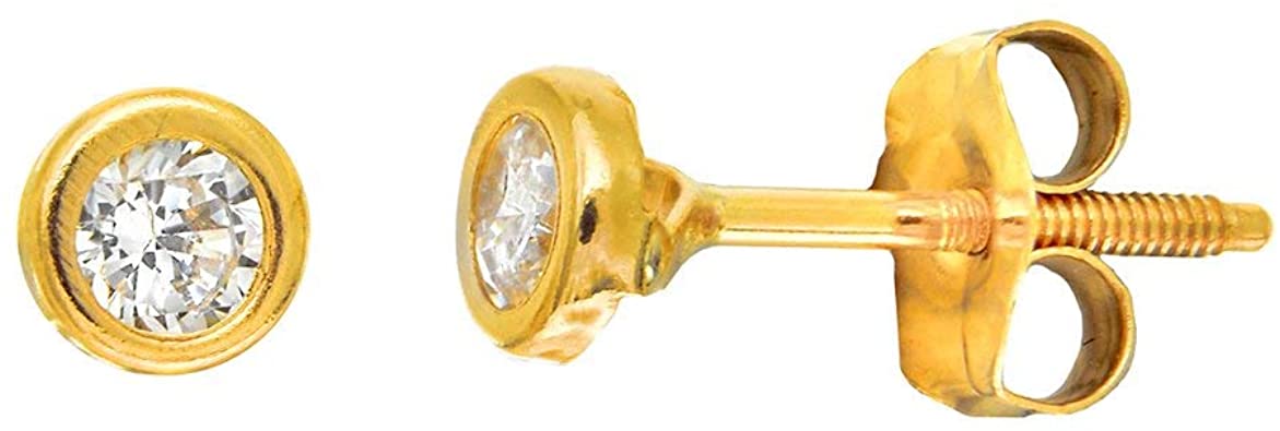14K Solid Yellow Gold 3.5mm Bezel Setting CZ Stud Post Earrings