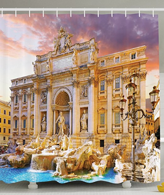 Trevi Fountain Good Luck History of the World Art and Architecture Famous Landmarks of Italy Digital Print Polyester Fabric Shower Curtain Beige Blue Aqua Purple Coral