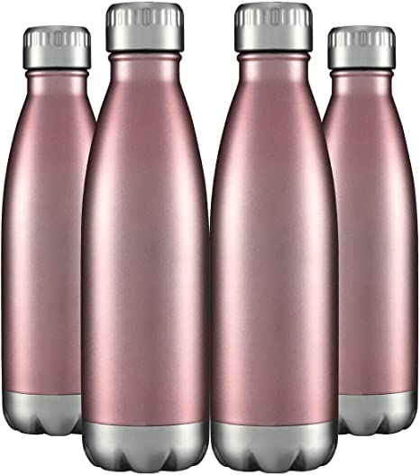 Water Bottles 4 Packs in Bulk Stainless Steel 17oz, Insulated Double Wall Vacuum Sports Fitness Hot Cold Reusable Beach Thermoses, Cola Shape Travel Metal Flask Sweat Proof Gifts for Bike Rose Gold