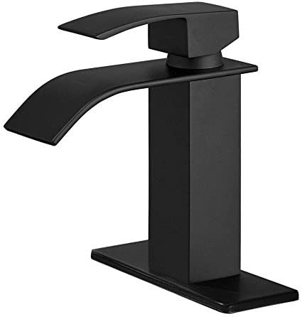 Hoimpro Black Waterfall Spout Bathroom Faucet,Single Handle Bathroom Vanity Sink Faucet, Rv Lavatory Vessel Faucet Basin Mixer Tap with Deck Plate, Lead Free Solid Brass/Matte Black (One or 3 Hole)