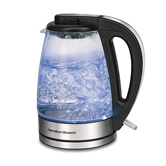 Hamilton Beach Electric Tea Kettle and Water Heater, 1.7 Liter, Glass with with Built-in Mesh Filter, Cordless Serving (40864),