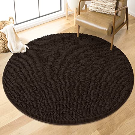 MAYSHINE Round Bath Mat Non-Slip Chenille 3 Feet Shaggy Bathroom Rugs Extra Soft and Absorbent Perfect Plush Carpet for Living Room Bedroom, Machine Wash/Dry- Brown