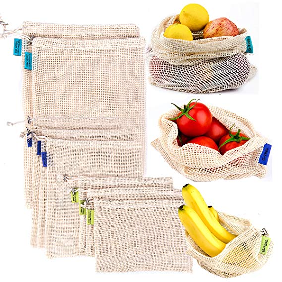 Reusable Produce Mesh Bags, G-TING Natural Cotton Eco-Friendly Net Bags with Double-Stitched Seamsfor Grocery Shopping Storage of Fruit Vegetable Garden Produce Set of 8 (3 Small - 3 Medium - 2 Large)