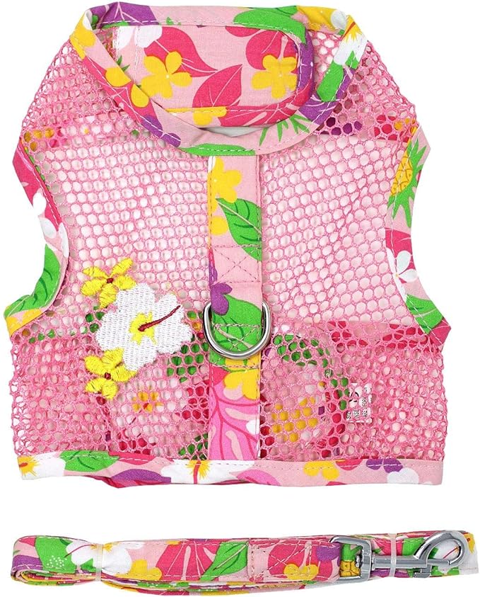 DOGGIE DESIGN Cool Mesh Dog Harness with Leash Pink Hawaiian Floral (Small)