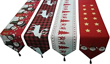 HOSL Pack of 4 Christmas Tree Xmas Deer Snowman Table Runners 14" x 68"(35cm172cm) for Wedding Banquet Party Decoration