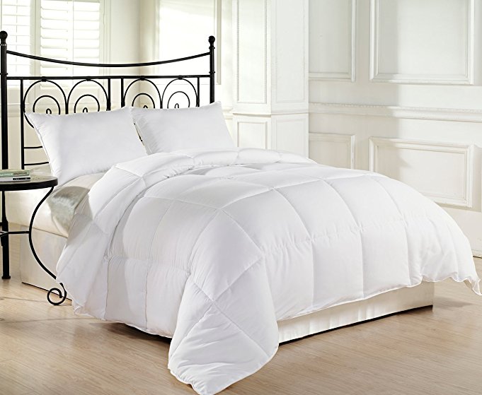 Goose Alternative Down Comforter- Hypoallergenic Duvet Insert Size King, Queen, Twin - Colors White, Black, and Reversible Black and Grey (Queen, White)