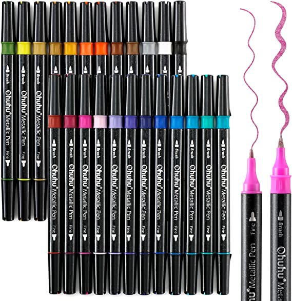 24 Brush Metallic Markers, Ohuhu Dual Tip Glitter Pen, Acrylic Paint Pens with Brush and Fine Tips, Premium Window Marker for DIY Cards, Coloring Books, Scrapbook, Photo Album, Paint Rock Art