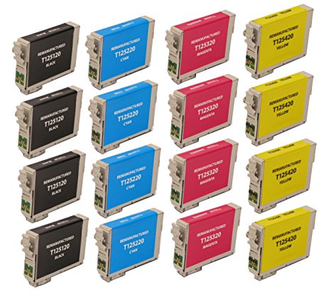 16 Pack Remanufactured Inkjet Cartridges for Epson T125 #125 T125120 T125220 T125320 T125420 Compatible With Epson Stylus NX125, Stylus NX127, Stylus NX130, Stylus NX230, Stylus NX420, Stylus NX530, Stylus NX625, WorkForce 320, WorkForce 323, WorkForce 325, WorkForce 520 (4 Black, 4 Cyan, 4 Magenta, 4 Yellow) 16PK by Aria Supplies ®