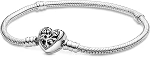 Pandora Moments Family Tree Heart Clasp Snake Chain Bracelet - Compatible Moments Charms - Sterling Silver, Cubic Zirconia & Black Enamel Charm Bracelet for Women - Gift for Her - 7.1"