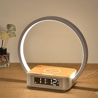 blonbar Bedside Lamp Qi Wireless Charger LED Desk Lamp with Alarm Clock, Touch Control 3 Light Hues, 10W Max Wireless Charging Table Lamp，Eye-Caring Reading Light for Kids, Adults, Home.