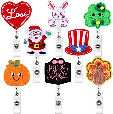 8 Pieces Holiday Badge Reels Gnome Badge Holder Felt Embroidered Retractable Badge Reel Holder with Alligator Clip for Valentine's Day Nurse Teachers Doctor Employees (Lovely Style)