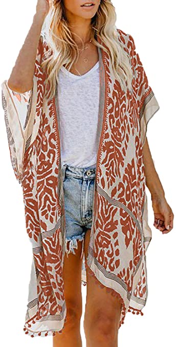 Dokotoo Womens Fashion Floral Print Swimsuit Kimono Tassel Casual Cardigan Loose Beach Cover ups