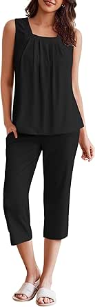 Ekouaer Womens Pajamas Loose Fit Pleated Square Neck Sleeveless Tops and Capri Pants Lounge Sets 2 Piece Outfits S-3XL