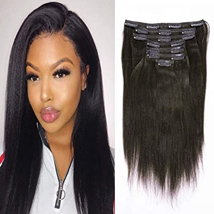 Yaki Straight Clip In Human Hair Extensions Real Remy Hair Yaki Clip In Hair Extension Double Weft Natural Hair Clip Ins For Black Women Thick Yaki Hair Clip In Extension Natural Black #1B 20inch