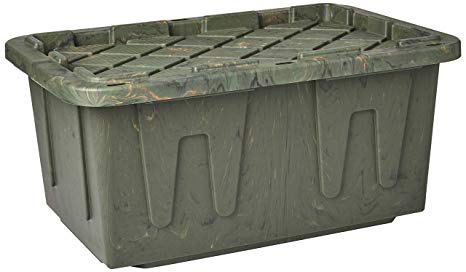 Homz Durabilt Tough Storage Tote Box, 27 Gallon, Camo With Lid, Stackable, 4-Pack