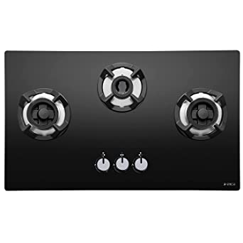 Elica Hob 3 Burner Auto Ignition Glass Top - 1 Double Ring Brass Burner and 2 Mini Triple Ring Brass Burner Gas Stove (CLASSIC FLEXI AB HCT 3B70 DX), Black