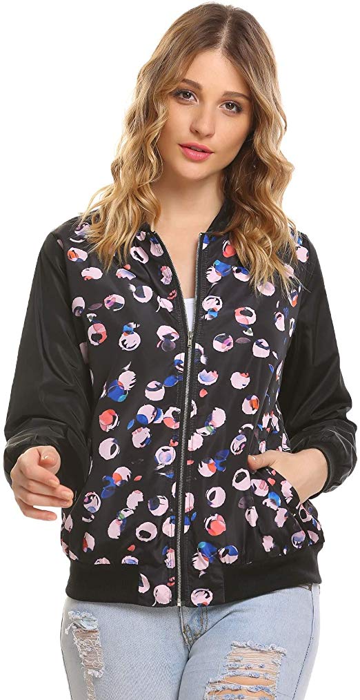ELESOL Women Casual Long Sleeve Collar Zip Up Floral Print Bomber Coats Jacket