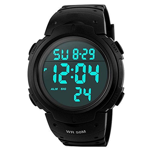 Men’s Digital Sports Watch LED Alarm Stopwatch Waterproof Wrist Watch for Sports Military Army - Black