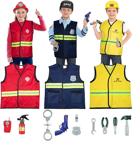Boy's Dress Up Costumes Set, 16pcs Pretend Role Play Set Fireman, Police, Construction Worker Costume with Accessories Fit Kids Girls Age from 3-6