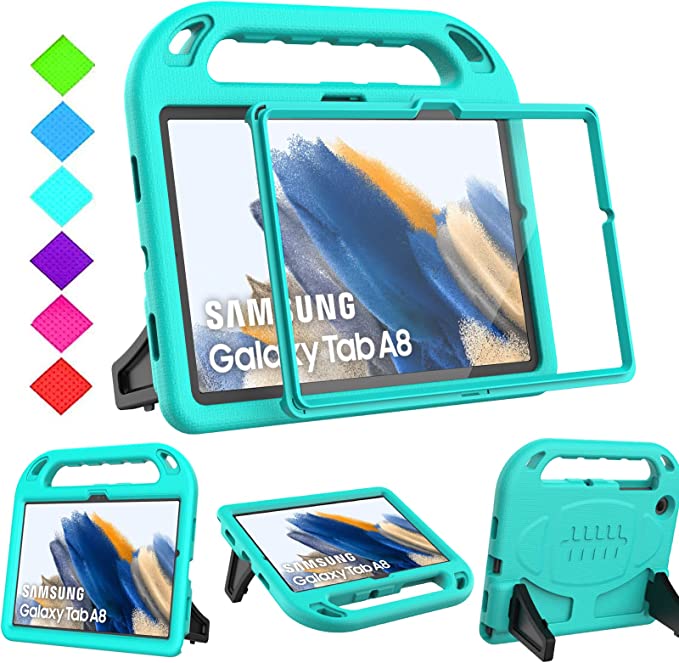 BMOUO Kids Case for Samsung Galaxy Tab A8 10.5 inch 2022(SM-X200/X205/X207), Galaxy Tab A8 Case, Built-in Screen Protector, Shockproof Handle Stand Case for Samsung Galaxy Tab A8 10.5 2022, Turquoise