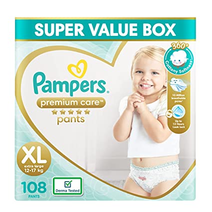 Pampers Premium Care Pants, Extra Large size baby diapers (XL), 108 Count, Softest ever Pampers pants