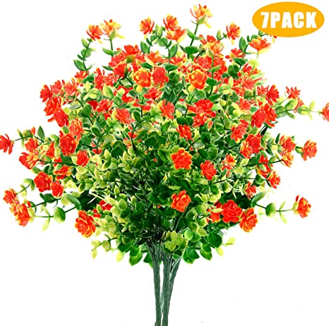 Artificial Flowers Artificial plants Fake Flowers Fake Plants UV Resistant Plastic Plants for Outdoor Indooror,Garden,Weeding Decoration, Red（7 pack）