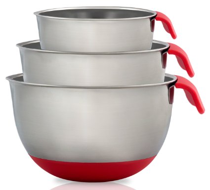Chef Essential 1810 Stainless Steel Mixing Bowls with Handle and Spout Set of 3 CE Series Red