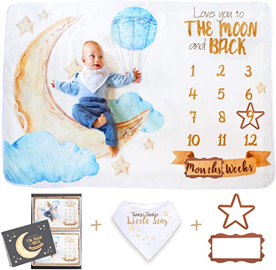 Sandan Baby Monthly Milestone Blanket for Baby Boy and Baby Girl | Gender Neutral Love You to The Moon and Back | Watch Me Grow | Theme-Matching Bib, Frames and Photo Album