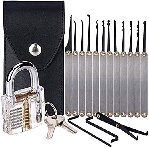 Professional 15 Pieces Household Lock Pick Set Tools Include Black Tool Handbag Picking Kit 1 Lock with Key for Gate-Locks