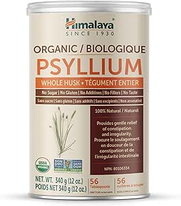 Himalaya Organic Psyllium Whole Husk, Natural Fiber Supplement for Gentle Relief of Irregularity and Occasional Constipation, USDA Organic, Non-GMO, 56-Tablespoon Supply, Unflavored, 12 oz (340 g)