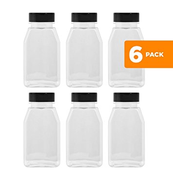 LARGE 16OZ CLEAR PLASTIC SPICE CONTAINERS BOTTLE JARS - FLAP CAP TO POUR OR SIFTER SHAKER. USED TO STORE SPICES, HERBS AND IS REFILLABLE-BPA FREE (6, black caps)
