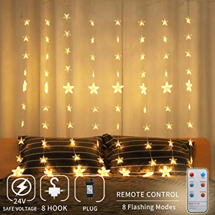 Areskey Christmas Decor Lights,Bedroom Timing Night Lights,144 LED 80 Stars Curtain Lights,Decoration Wedding Christmas Tree Party Garden Indoor Outdoor,8 Modes RF Remote,Warm White
