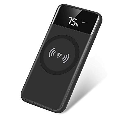 Jarv Portable Charger, 10000 mAh QI Wireless Power Bank 2-in-1 Charging Pad External Battery Pack w/High Speed Dual Outputs & Digital Display for iPhone Xs XR X 8/8 Plus Samsung S9 S8 Note9 (Black)