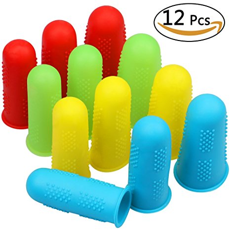 Silicone Finger Protectors 12pcs 4 Colors FDA Hot Glue Gun Finger Caps for Hot Glue Wax Rosin Resin Honey Adhesives Scrapbooking Sewing in 3 Sizes