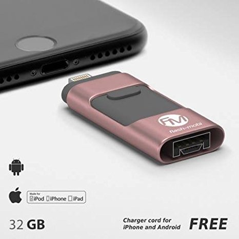 Flash Drive for iPhone (32 Gb) Lightning and Android Connector, External Memory, Compatible with iPhone and Android, 3 in 1 Charging Cable for free (Rose Gold)