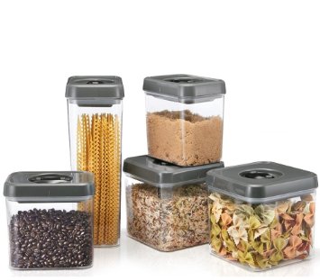 Paksh / Polder Clear Twist Lock Airtight Seal Plastic Containers | Use For Food and Storage | Tea Coffee Sugar Canisters, Square [5 Piece Set]