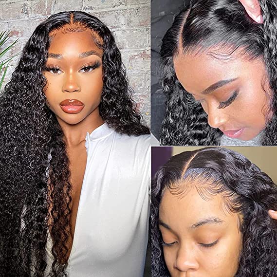 ISEE 10A Deep Wave Transparent Lace Front Wigs Human Hair Pre Plucked 13x4 Lace Frontal Wig with Baby Hair 150% Density Brazilian Lace Front Human Hair Wigs for Black Women (24inch,Natural Black)