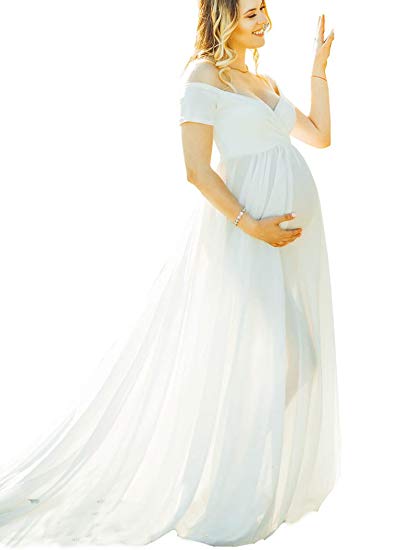 Saslax Maternity Off Shoulder Short Sleeves Gown Maxi Bridesmaid Dress for Photos Shoot