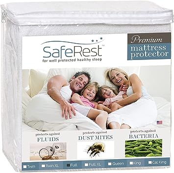 SafeRest Double Mattress Protector - Fitted Mattress Pad Cover - Bedding Essentials for University Dorm Room, New Home, First Flat - Cotton Terry, Waterproof Mattress Cover Protector